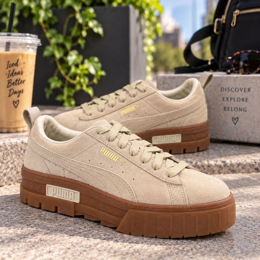 Puma Mayze Womens 8.5 Oatmeal Suede Gum Platform Sneakers 380784-06 Gold